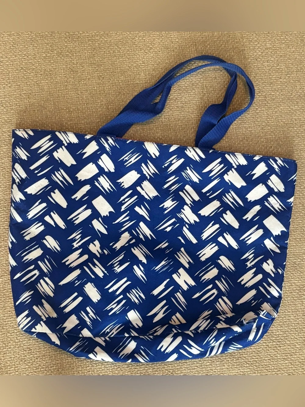 Lancôme Paris Canvas Tote Bag – Blue & White Abstract with Coral Rose Graphic